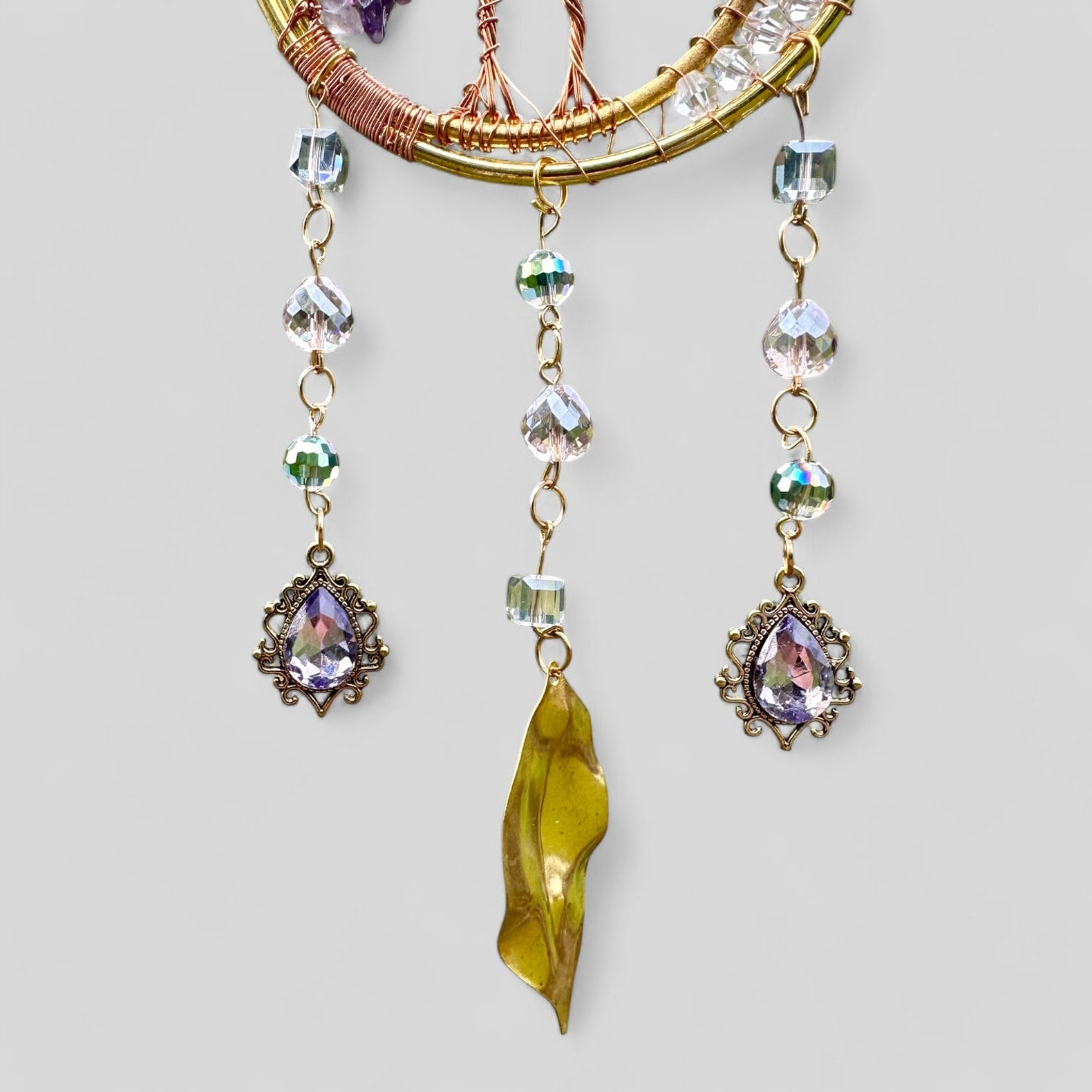 Gold Metal Dual Ring Dreamcatcher with 2 Trees of Life Amethyst Stones & Hanging Jewel Charms -- Rearview Mirror Hanging or Wall Hanging